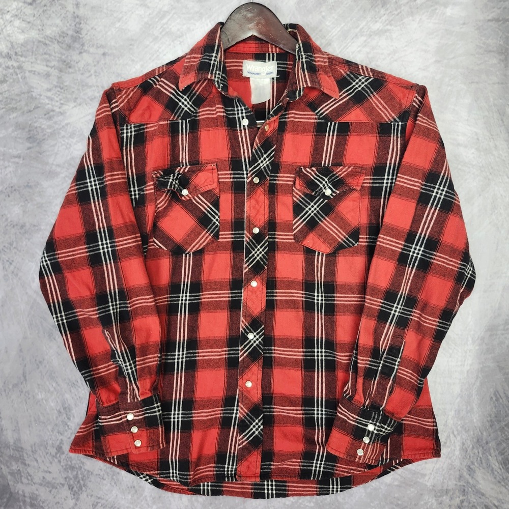 Wrangler Wrancher Pearl Snap Flannel Shirt Mens Large Red Black Plaid Western